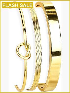 14K Gold Plated Bangle Bracelet Set, Adjustable Stackable Cuffs, Hypoallergenic